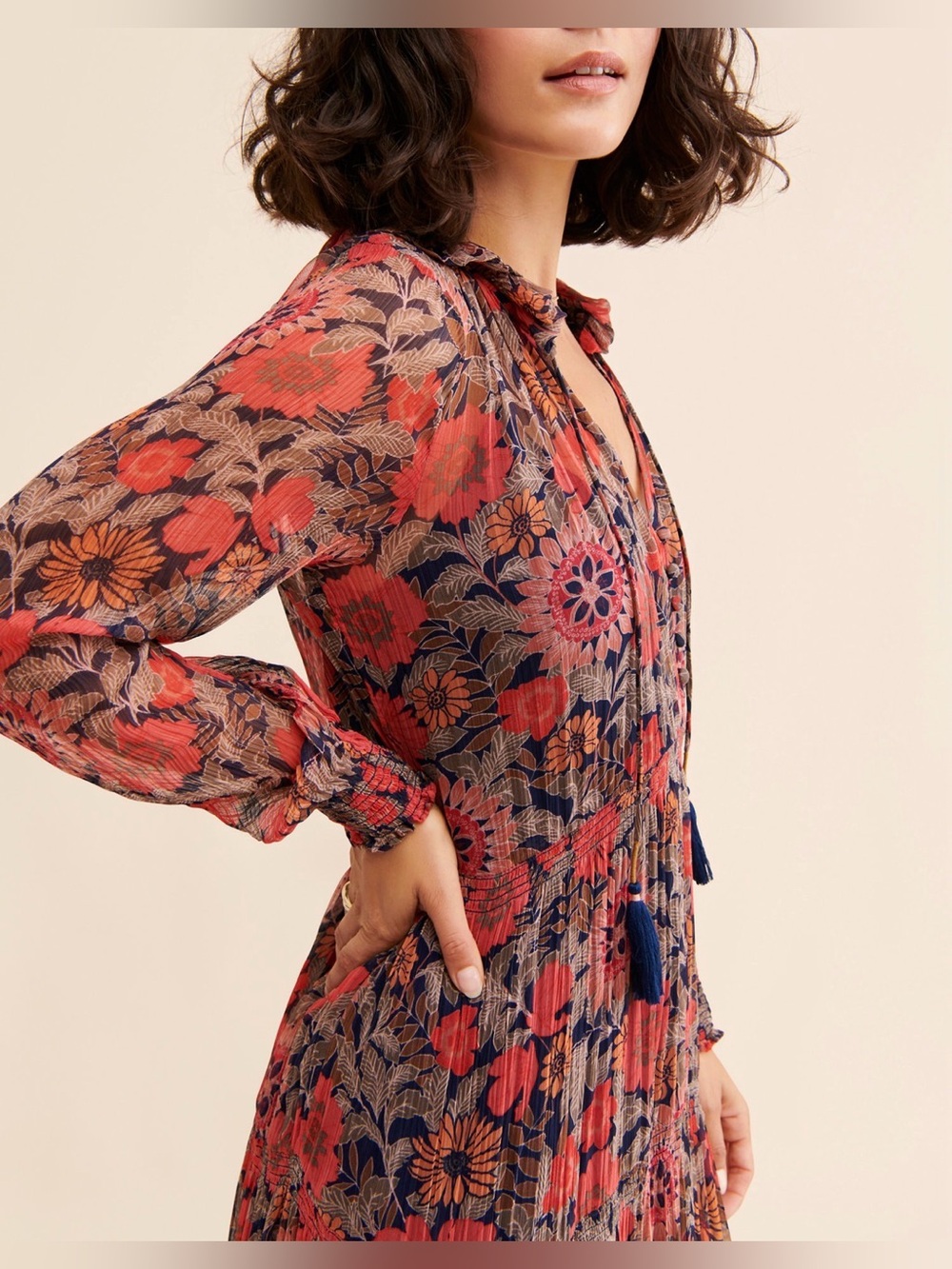 By Anthropologie The Marais Printed Chiffon Maxi Dress - Red Motif - size XS - Picture 8 of 9